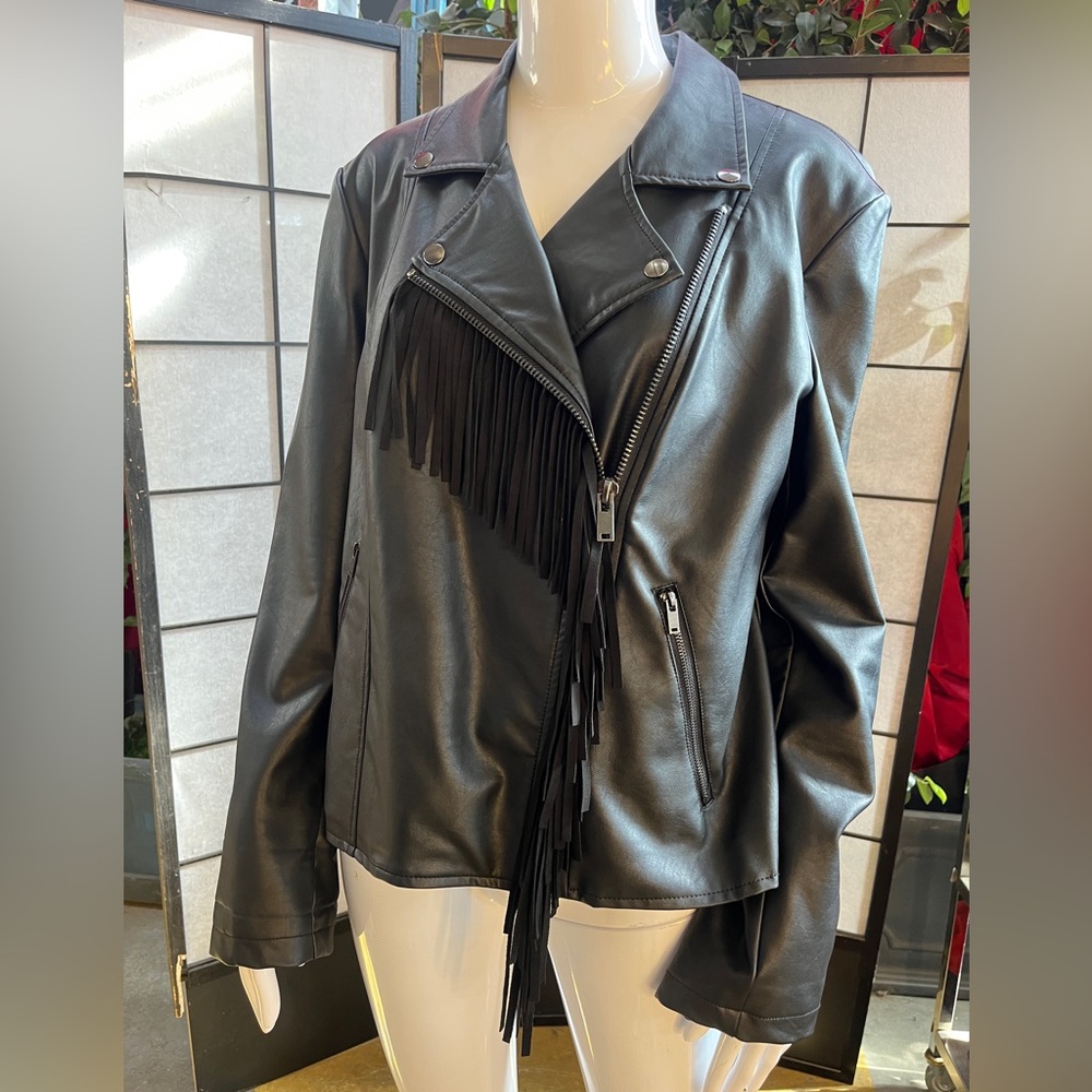 Lord & Taylor Black Faux Leather Jacket with Fringe